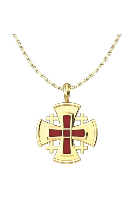 Gold Plated Sterling Silver Jerusalem Cross with Red Enamel Pendant with 18" Sterling Silver Chain