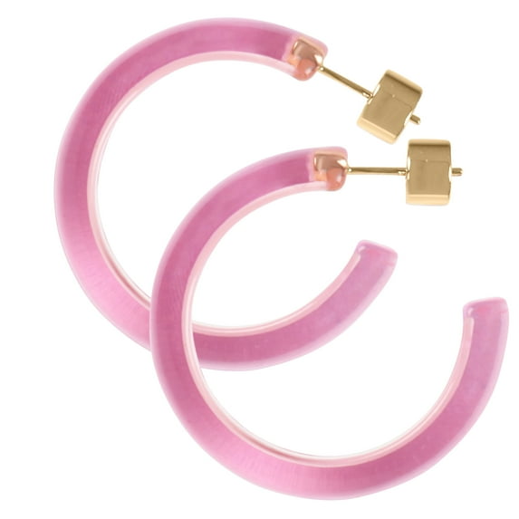 Gold Plated Sterling Silver Light Pink Lucite / White 37.50MM Open Hoop Earrings - Round Flat Edge
