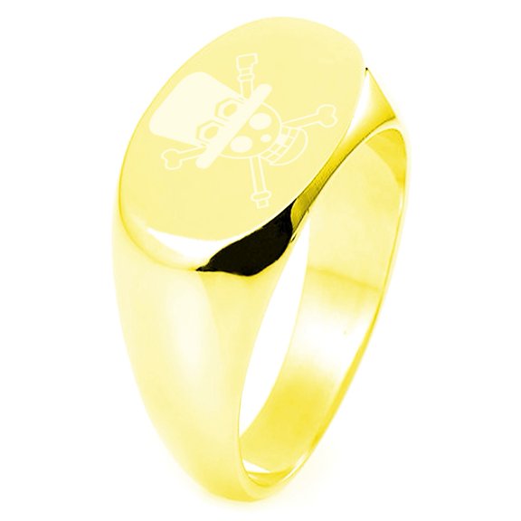 Gold Plated Sterling Silver One Piece Sabo Pirate Skull Flag Engraved Oval Flat Top Polished Ring