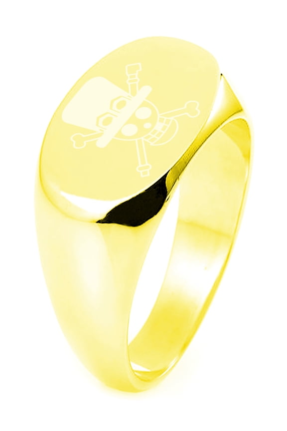 Gold Plated Sterling Silver One Piece Sabo Pirate Skull Flag Engraved Oval Flat Top Polished Ring