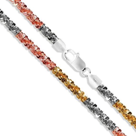 Gold Plated Sterling Silver Popcorn Roc Chain 1.8mm 925 Tri-Color Criss Cross Necklace 22" Jewelry Female