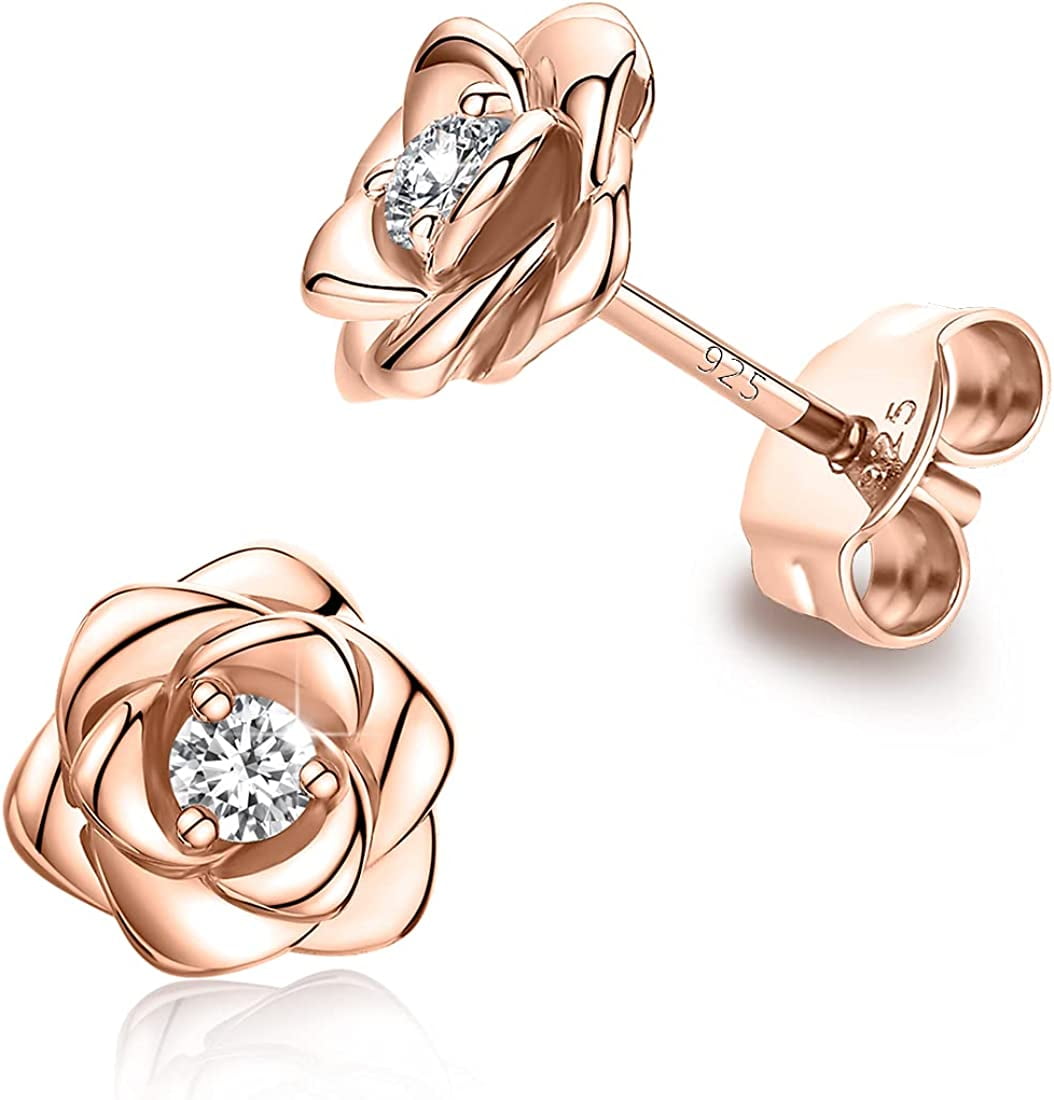 Rose Flower Stud Earrings For Women - 18K Gold Plated Enamel Rose Design