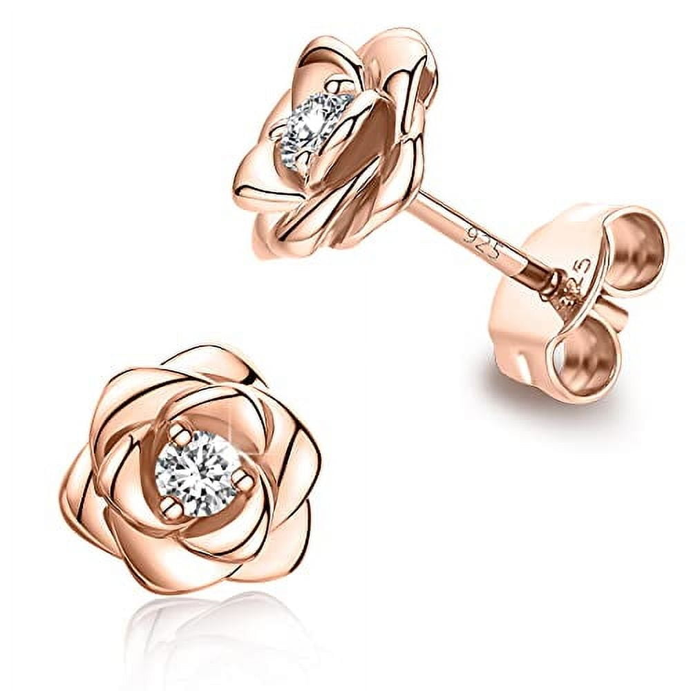 ZEZH Gold Plated Sterling Silver Rose Flower Earring Studs, Hypoallergenic & Nickel Free Earrings for Women