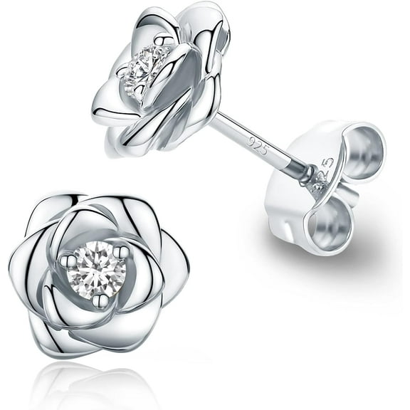 Gold Plated Sterling Silver Rose Flower Earring Studs, Hypoallergenic & Nickel Free Earrings for Women