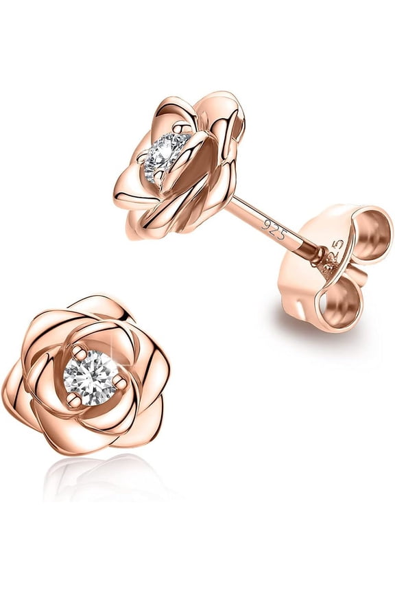 Gold Plated Sterling Silver Rose Flower Earring Studs, Hypoallergenic & Nickel Free Earrings for Women