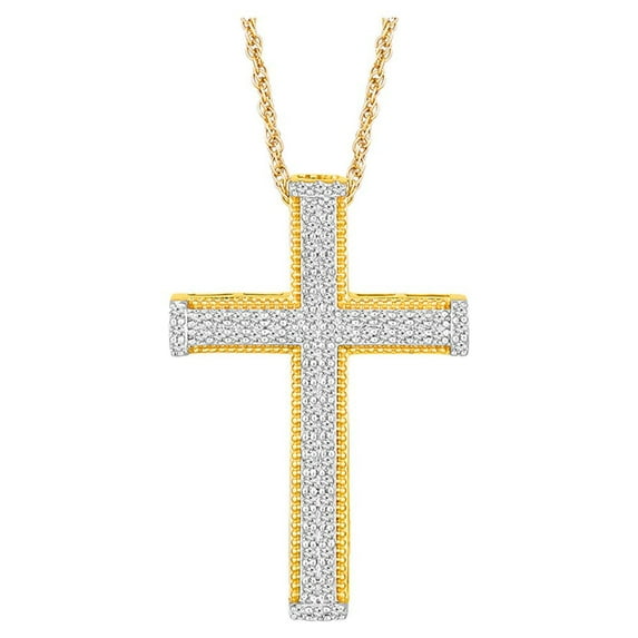 Gold Plated Sterling Silver Round Diamond Cross Pendant (3/8 cttw, I-J Color, I2-I3 Clarity), 18"
