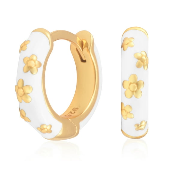 Gold Plated White Enamel with Gold Flower Pattern Huggie Hoop Earrings for Women