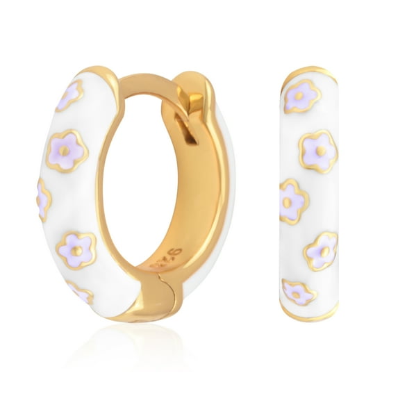 Gold Plated White Enamel with Purple Flower Pattern Huggie Hoop Earrings for Women