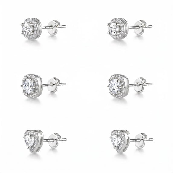 Gold Plated Stud Earrings for Women,Cubic Zirconia Round Heart Square Large Silver Stud Set Earring Gifts for Women 3 Pairs