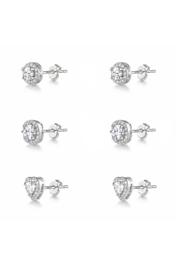 Gold Plated Stud Earrings for Women,Cubic Zirconia Round Heart Square Large Silver Stud Set Earring Gifts for Women 3 Pairs