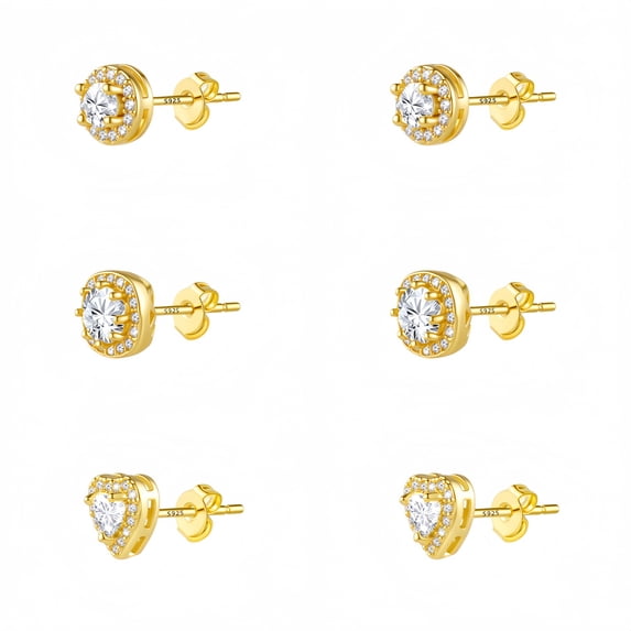 Gold Plated Stud Earrings for Women,Cubic Zirconia Round Heart Square Large Silver Stud Set Earring Gifts for Women 3 Pairs