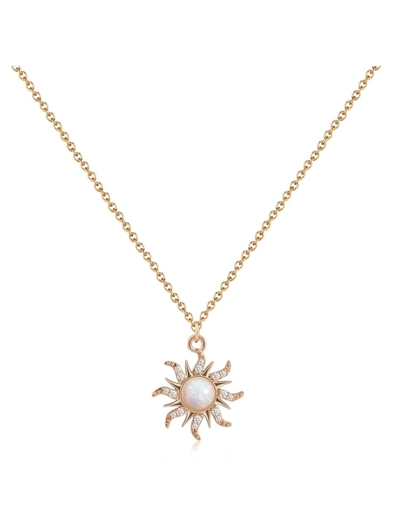 Gold Plated Sun Opal Necklace October Birthstone Necklace with CZ Around Golden Sun Pendant Necklace for Women Opal Jewelry