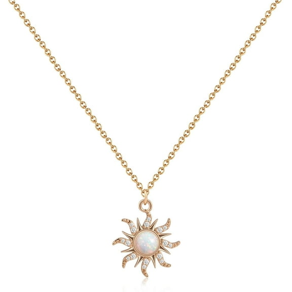 Gold Plated Sun Opal Necklace October Birthstone Necklace with CZ Around Golden Sun Pendant Necklace for Women Opal Jewelry