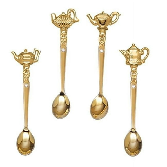 Gold Plated Teapot Spoons with Crystal - Set of 4
