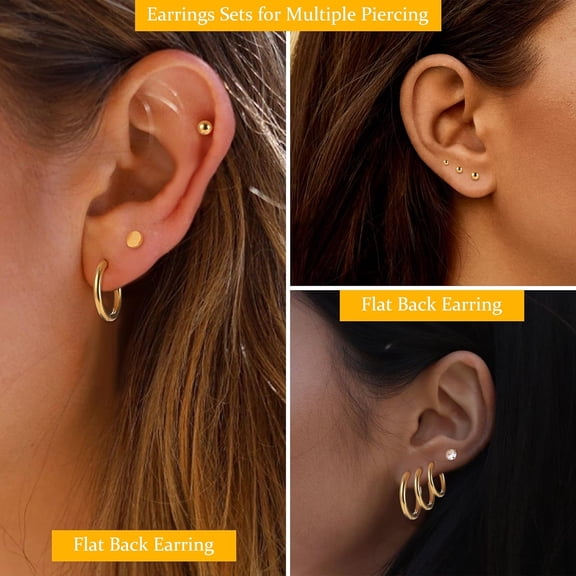 Gold Plated Tiny Stud Earrings Stainl Steel Earring Sets For Ltiple Piercings Small H Ie Hoop Earrings Cz Ball Flat Back Earrings Tragus Cartilage Earrings[Z412]
