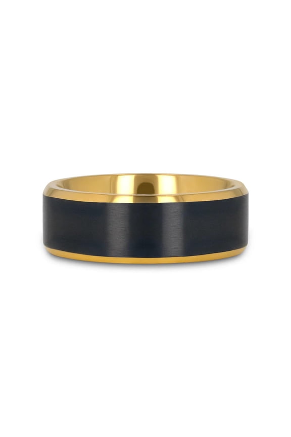 Gold Plated Titanium Ring with Brushed Black Center-Polished Beveled Edges, Flat Profile, Comfort Fit-8mm (10)