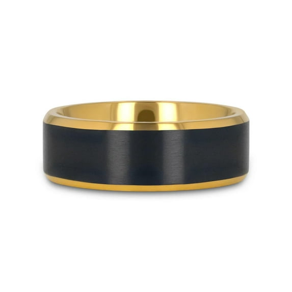 Gold Plated Titanium Ring with Brushed Black Center-Polished Beveled Edges, Flat Profile, Comfort Fit-8mm (10)