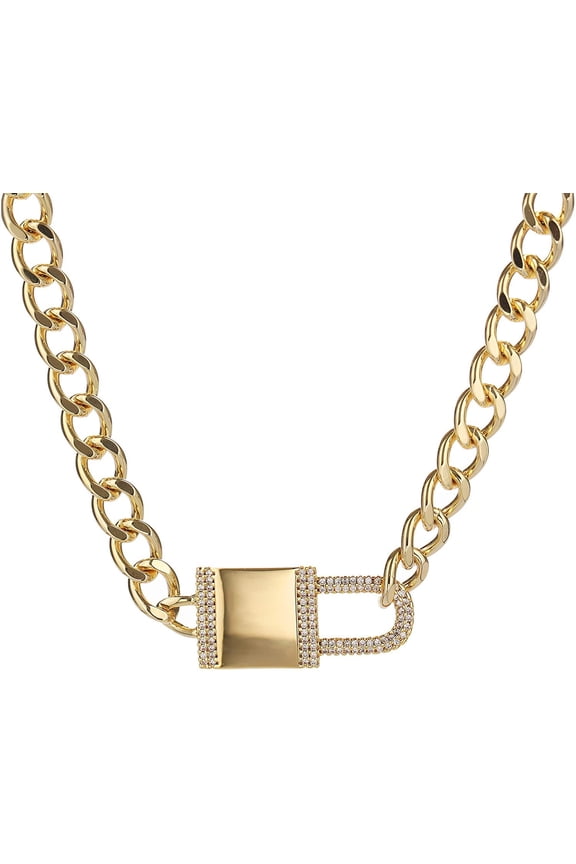 Gold Plated Trendy Cuban Link Chain With Micro Pave Lock Charm Mens Womens Necklace, Giorgio Bergamo