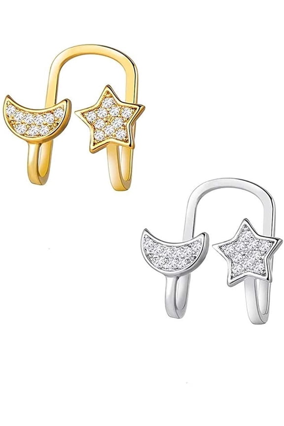 Gold Plated Trendy Micro Pave Celestial, Star Moon Ear Cuff, No Piercing, Earring Giorgio Bergamo Gold