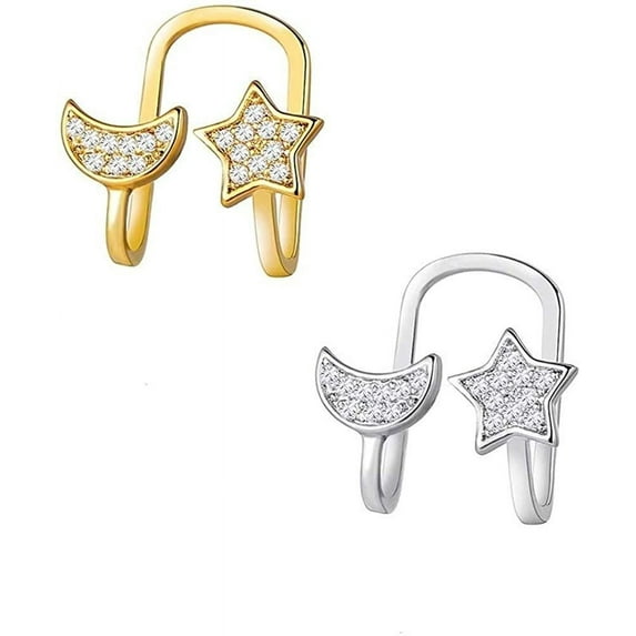 Gold Plated Trendy Micro Pave Celestial, Star Moon Ear Cuff, No Piercing, Earring Giorgio Bergamo Silver