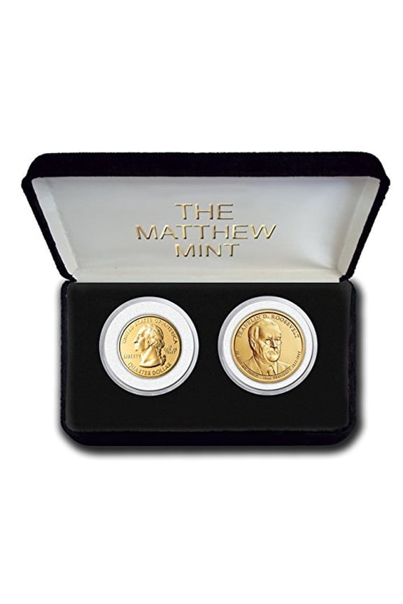 Gold Plated Washington Quarter and FDR Dollar 2 Coin Set