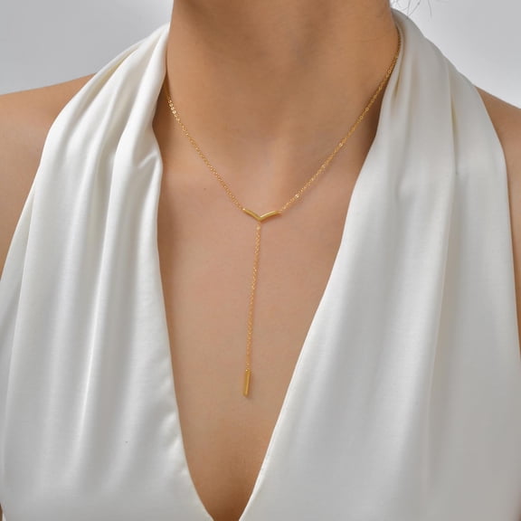 Gold Plated Y Necklace for Women, Dainty Flat Cross Chains Lariat Necklaces, Adjustable Stainless Steel Long Gold Necklaces Jewelry Gifts for Her