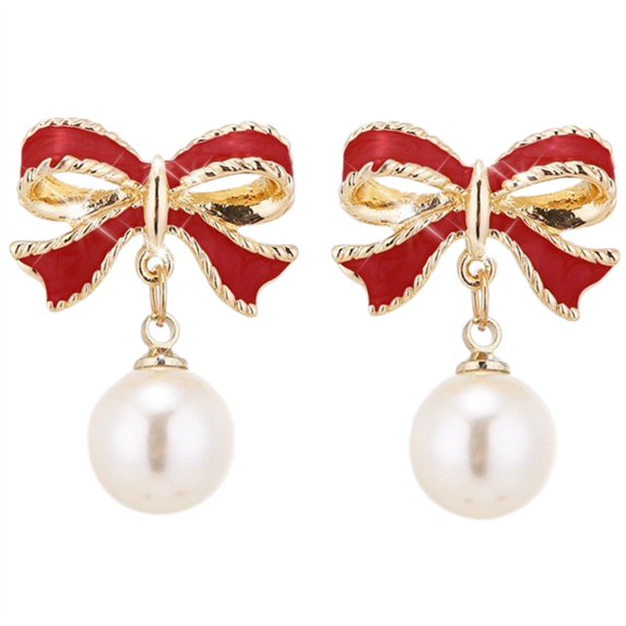 Gold Plated bow-knot shape Pearl Clip on Earrings No Pierced for Women Ear Clip,Simulated Pearl Bow Clip on Earrings for Women Trendy Stuff Xmas Jewelry Stocking Stuffers Christmas Gifts