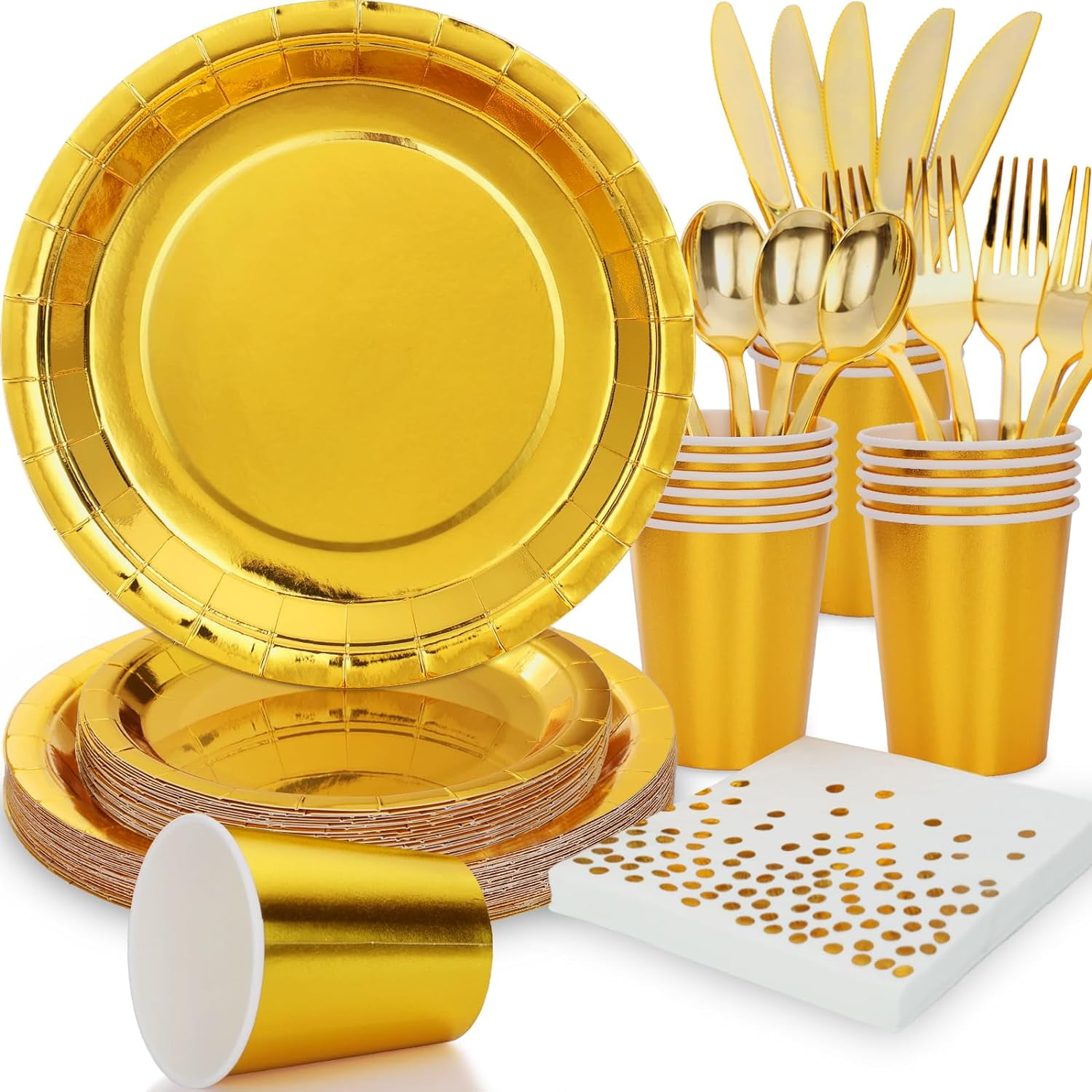 Gold Plates Disposable Dinnerware Set,168pcs Gold Paper Plates Party Plates and Cups and Napkins Sets for Anniversary Graduation Birthday Party Decorations,Gold Party Supplies Serves 24