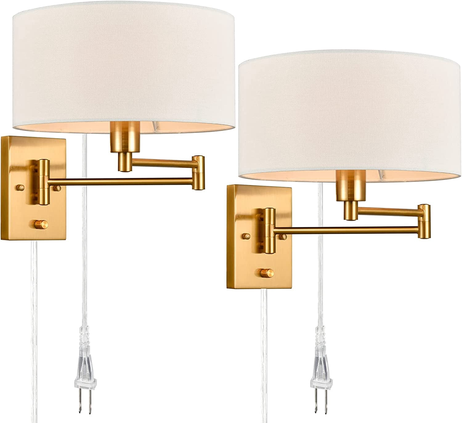Gold Plug in Wall Sconces Set of Two Brass Swing Arm Wall Lamp Hardwired Wall Sconce with Switch
