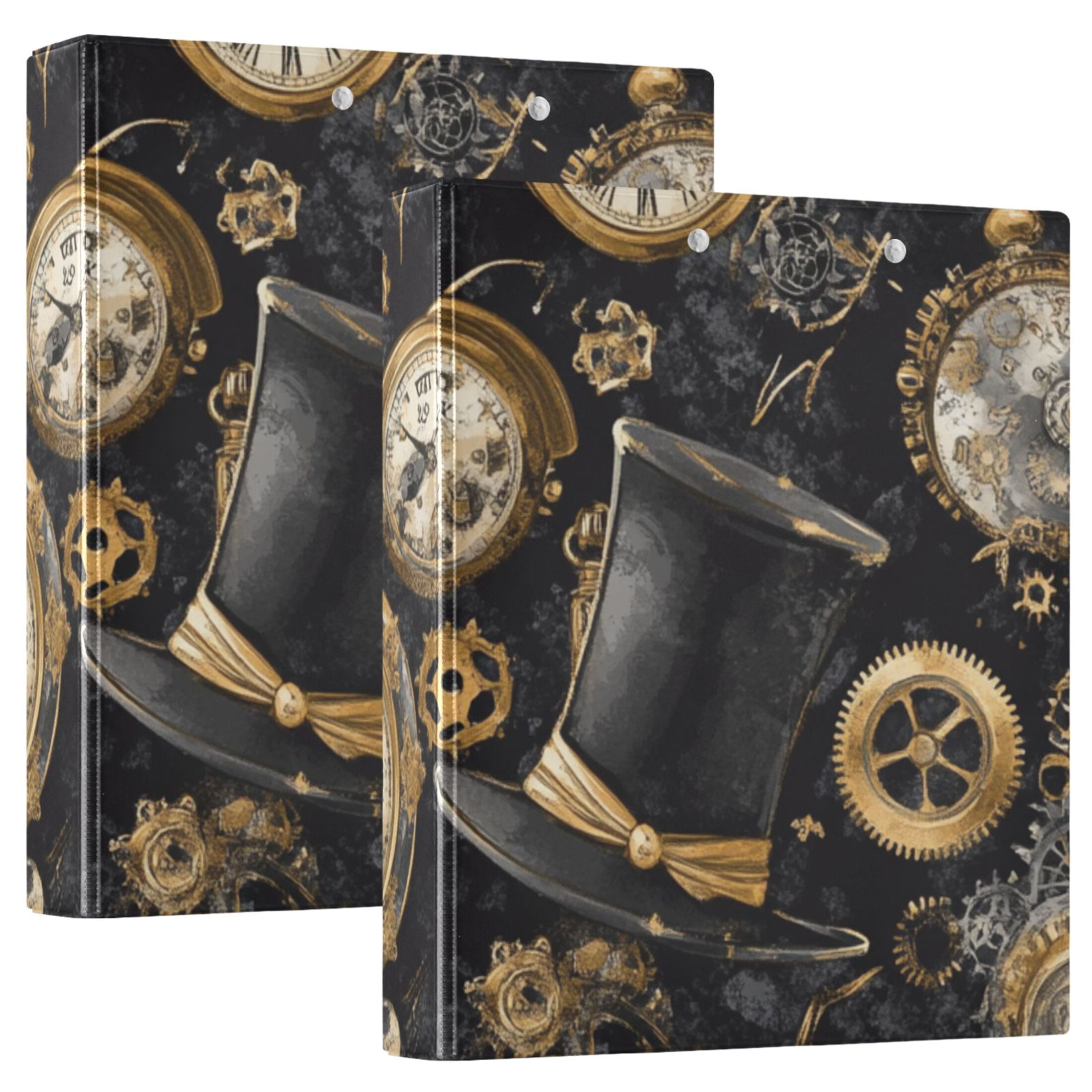 Gold Pocket Watches 3 Ring Binders 1.5 inch Hardcover File Folders with Interior Pockets A4 Size Organizer for School Office Hospital