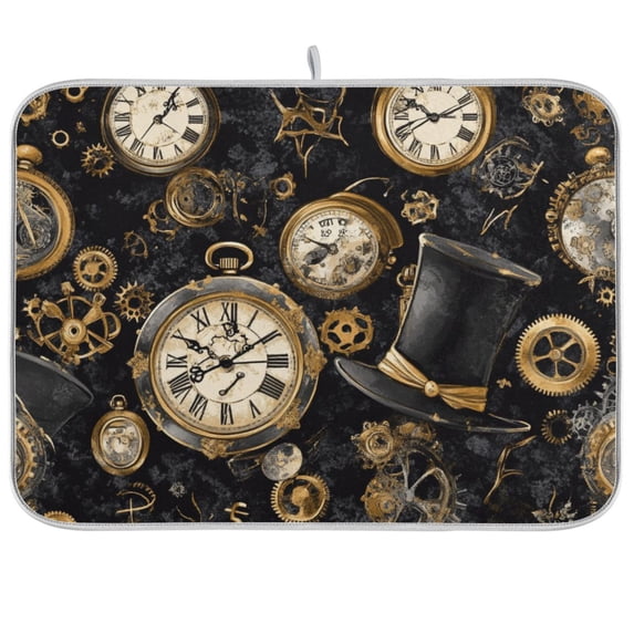 Gold Pocket Watches Dish Drying Mat Dish Drainer Rack Mats Water Absorbent Non-Slip Easy Clean Heat Resistant for Kitchen Counter