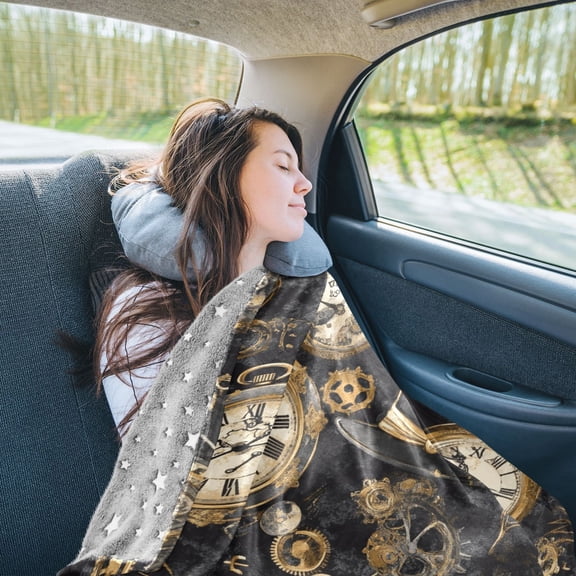Gold Pocket Watches Travel Blanket Pillow Compact Foldable Airplane Throw Blanket with Trolley Sleeve for Travel Camping