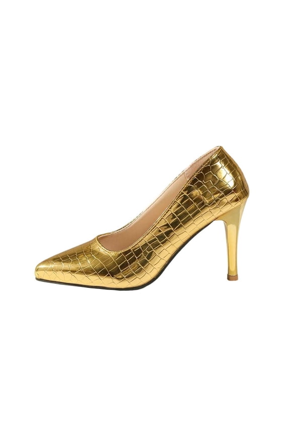 Gold Pointed Toe Heels For Women Solid Color Stone Pattern Casual Comfortable Plus Size Pu Upper Gold Size 36 Us 5.5