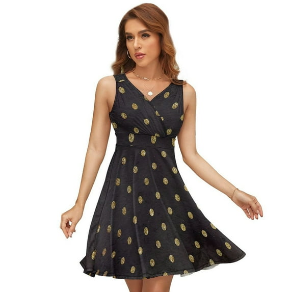 Gold Polka Dot Women's Tank Dress V Neck Sleeveless Summer Sundress