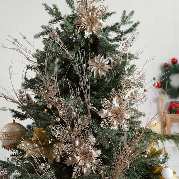 Gold Powder Christmas Flower Decorations Glitter Berry Stems Floral Picks for Tree Wreath Centerpiece Holiday Arrangements Festive Crafting Supplies Plastic Floral Accessories Christmas Decor