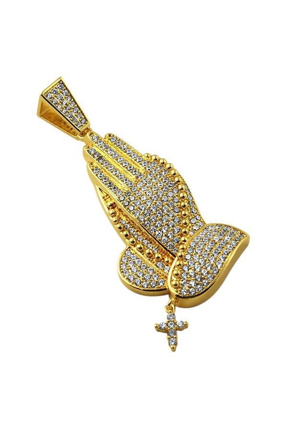 Gold Praying Hands Bling Pendant Dangling Cross