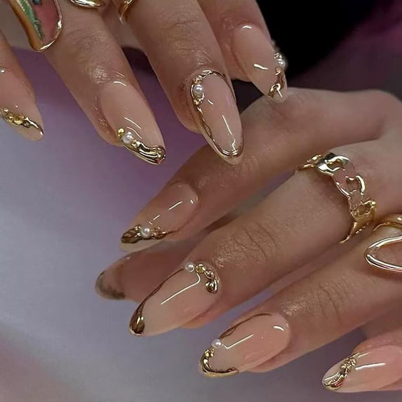 Gold Press on Nails French Tip Fake Nails Almond False Nails Press Ons Pearl Glossy Full Cover Acrylic Glue on Nail Medium Artificial Stick on Nail or Women Manicure 24Pcs