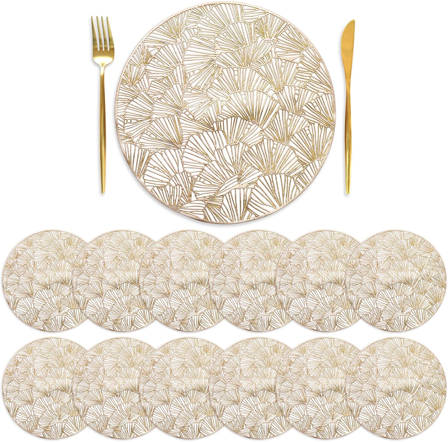 Gold Pressed Vinyl Placemats Set of 12 Hollow Ginkgo Biloba Design