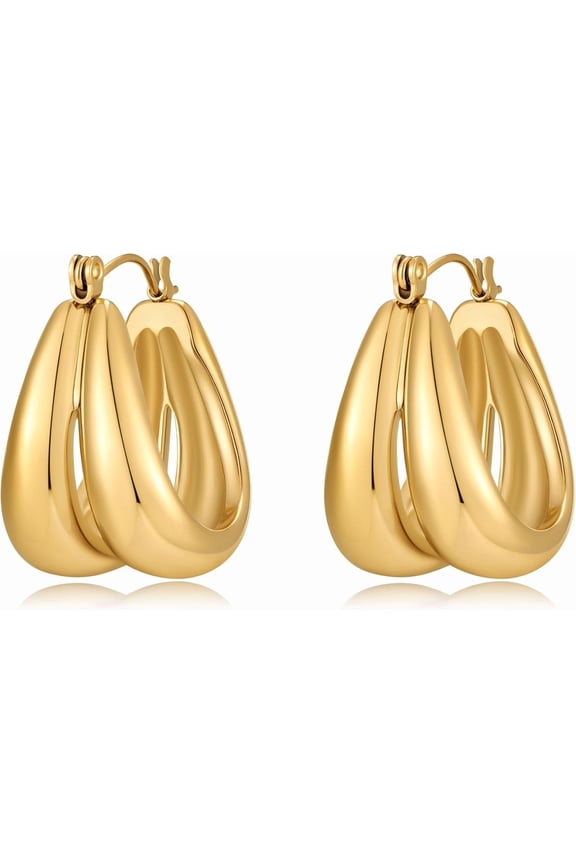 Gold Pro Hoop Earrings intended for Women 18K Gold Plated Hypoallergenic Quality Stainless Steel Chunky Dual -Hoop Earrings Jewelry with Refined Presentation Box[u083]