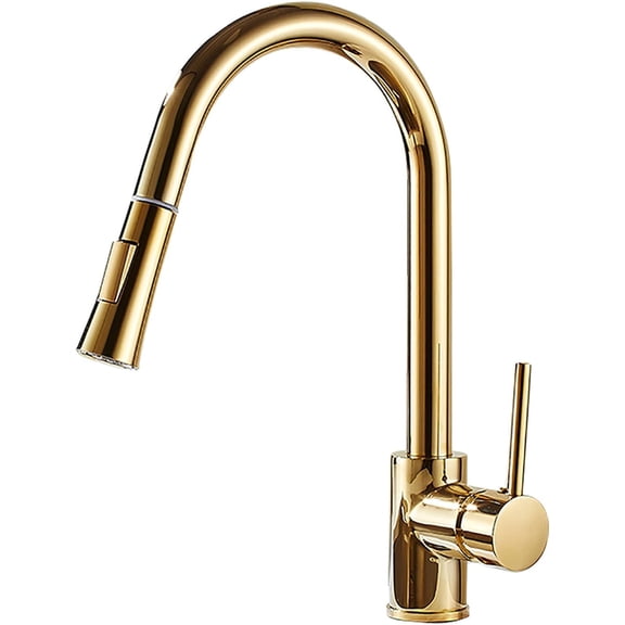 Gold Pull Down Kitchen 360 Swivel Brass Kitchen Sink Faucet with Pull Out Dual Function Sprayer, High Arc Single Handle Kitchen Tap, Hot and Cold Water Mixer Tap