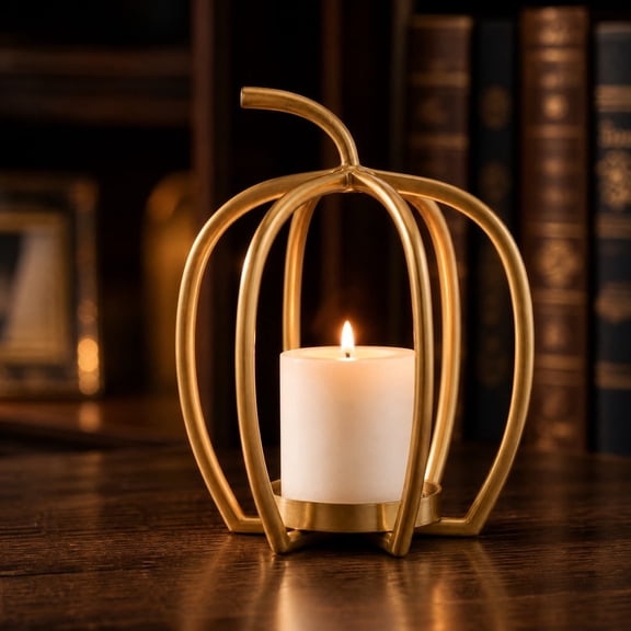 Gold Pumpkin Candle Holder, 8 Inch Metal Open Frame Lantern with Curved Stem, Modern Fall Table Decor for Pillar Candles