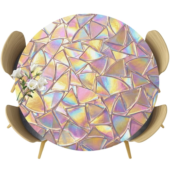 Gold Purple Geometric Round Tablecloth 45-54 Inch Round Fitted Table Cloth with Elastic Edge, Modern Colorful Stained Glass Waterproof Table Cover Protector for Outdoor Picnic Party Dining