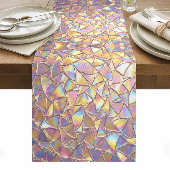 Gold Purple Geometric Table Runner Modern Colorful Stained Glass Tablerunners 13 x 36 Inch, Table Decorations Tabletop Scarf for Summer Gathering Holiday Farmhouse Kitchen Dining Decor