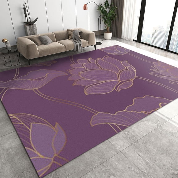 Gold Purple Lotus Area Rugs, Modern Minimalist Solid Color Flowers Indoor Rug, Soft Non Slip Machine Washable Carpet For Kids Teen Girls Boys Living Room Bedroom Office