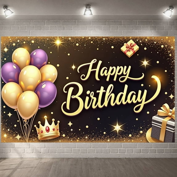 Gold Purple Theme Banner Balloon Decor Birthday Celebration Display Crown Design Sparkling Stars Party Backdrop for Birthday Party Photo Shoot Indoor Decoration