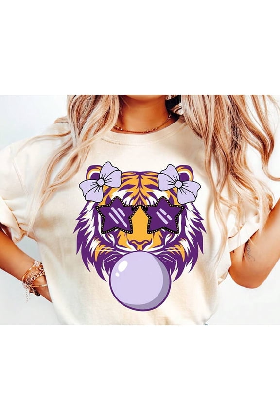 Gold And Purple Tiger Blowing Bubble, Tiger Face, Star Eyed Tiger Head, Cute Tiger Logo Mascot Wall Art Sublimation Preppy220G Clic Pure Cotton T-Shirt - The Perfect Blend Of Sual And Act, I For Ever