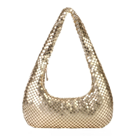 Gold Purse for Women Beaded Shoulder Handbag Moon Hobo Top Handle Satchel Evening Bag for Wedding Cocktail