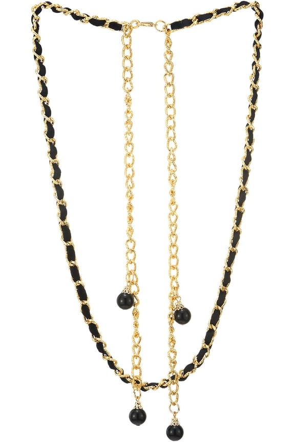 Gold Quality Color Statement Necklace, Link Chain Interwoven with Cotton Strap, Long Dangle Chain and Beads[z606]