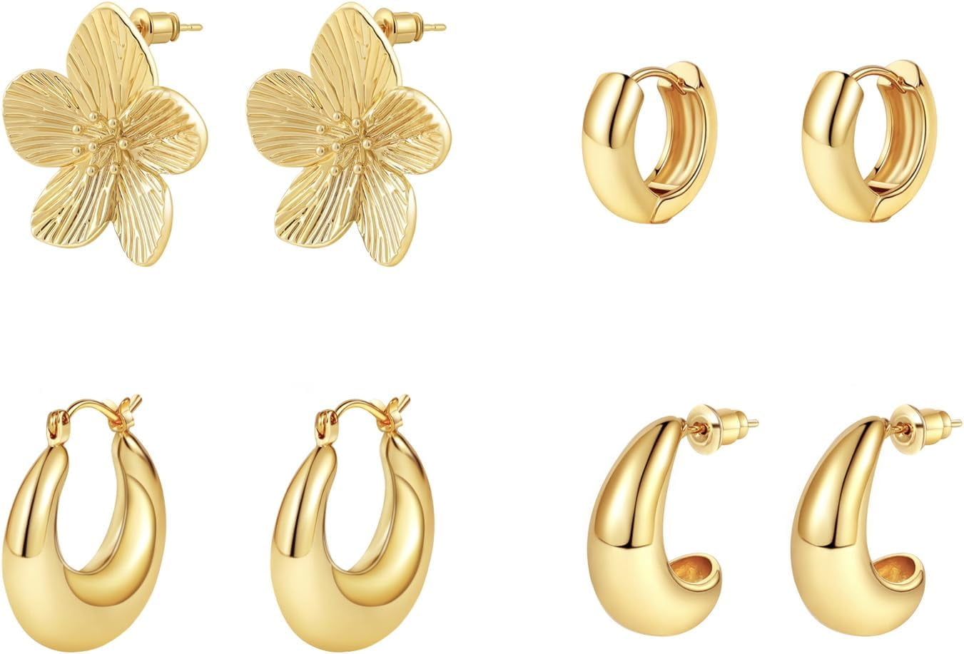 PANJIUO Gold Quality Hoop Earrings for Women, 14K Gold Plated Chunky Gold Hoop Earrings Set Hypoallergenic Thick Open Lightweight Hoop Earrings Multipack Jewelry for Gifts[u268]