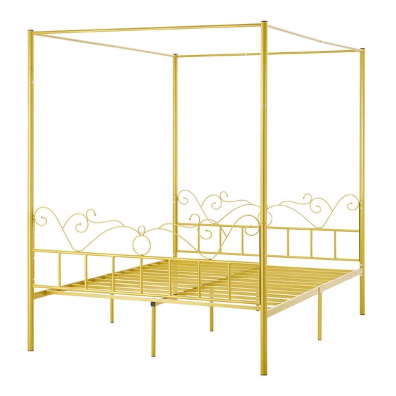 Gold Queen Canopy Bed Frame, Minimalist Four Poster Metal Bed with Sturdy Steel Slats, Under Bed Storage, Easy Assembly, No Box Spring Required
